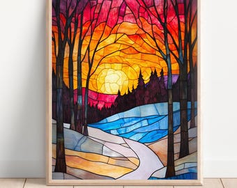 Stained Glass Winter/Autumn Scene, Digital Downloads, Art Wall Decor, Landscape Art, Abstract Artwork
