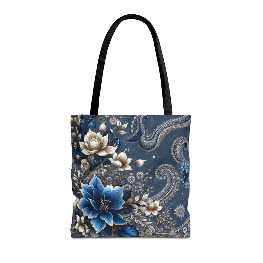 Vibrant Marine Blue Floral Paisley Tote Bag, Western Paisley & Floral ...