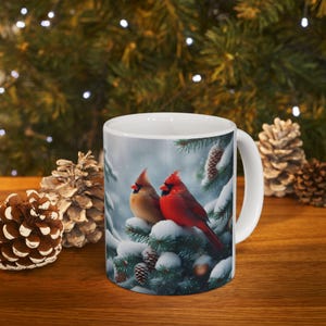Winter Birds Mug, Cardinal Love Mug, Snowy Cardinals Mug, Holiday Bird Mug, Nature Coffee Cup, Bird Lover Gift, Snowy Tree Branch Mug, Red