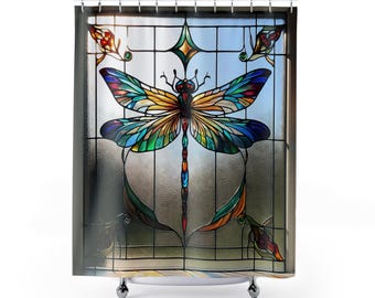 Stained Glass Dragonfly Shower Curtain, Beautiful Artistic Bathroom Decor, stained glass dragonfly, Unique Home Accessories, Bathroom