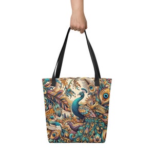 Vibrant Peacock Art Nouveau Tote Bag, Artistic Peacock Nouveau Carry-All, Peacock Inspired Art Nouveau Bag, Nature’s Beauty Peacock Tote Bag