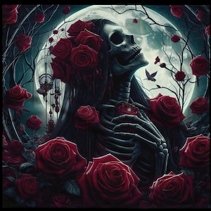 Crimson Requiem bandana, Gothic skull and roses scarf, Full moon head wrap, Dark romantic gift for her, Heavy metal festival style