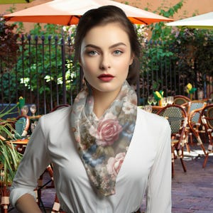 Floral Chiffon Scarf: Romantic Rose Print, Boho Head Wrap