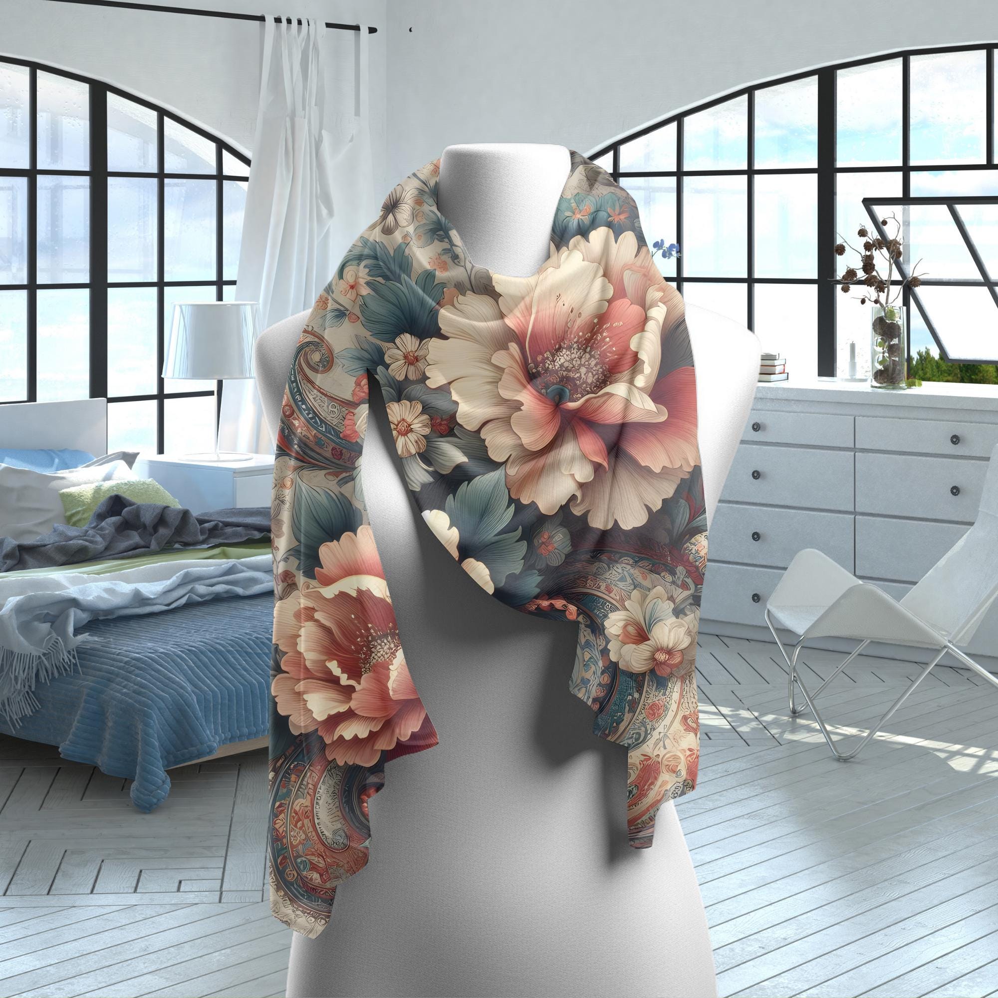 Floral Chiffon Scarf: Dusty Rose & Teal Boho Wrap - Etsy