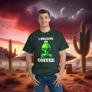Alien Coffee Lover T-Shirt, Unique Alien Design Tee, Fun Alien Gift, Quirky Alien Apparel, Alien Enthusiast Shirt