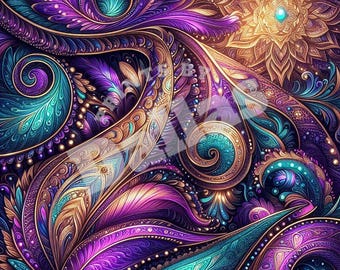Vibrant Paisley Dreamscape, Seamless kaleidoscope, Cosmic Harmony, Purple and Gold Mandala