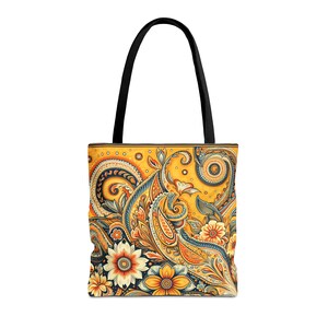 Lebendige Gelb-Orange Paisley Tote, Western Style Paisley Tote in Gelb-Orange, Gelb-Orange Paisley Tote Floral Western Design