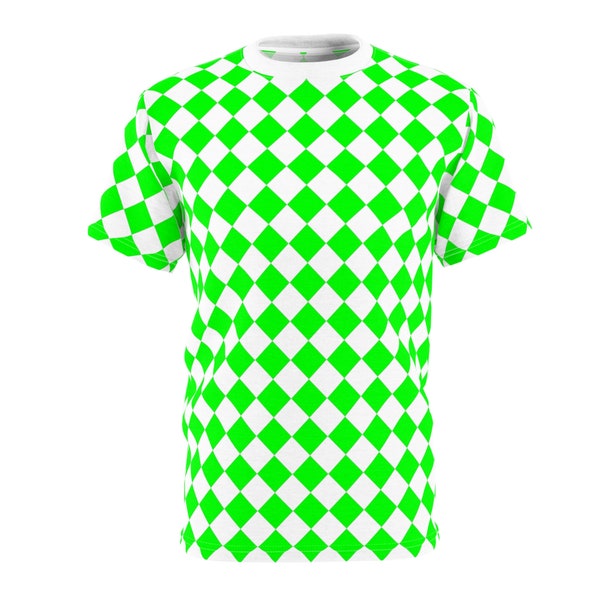 Fresh Green Checkered Tee, Crisp White Diamond Shirt, Modern Unisex Checkered Top, Bold Green Diamond Tee