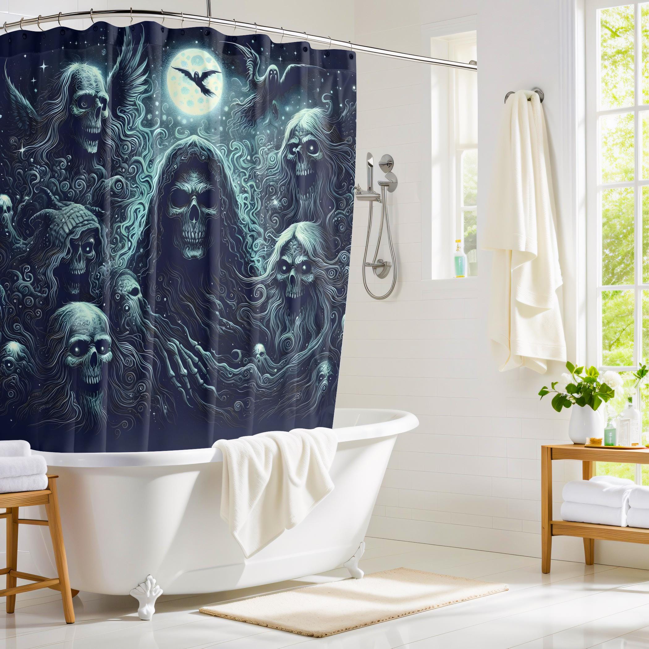 Halloween-Duschvorhang – Totenkopf-Rose & Friedhofs-Motiv, Gothic-Stil, 152x183 Cm Oder 183x183 Cm, Polyester, Wasserabweisend