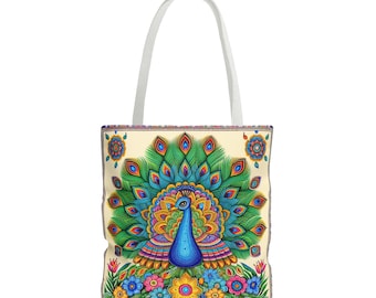 Artistic Peacock Tote, Vibrant Madhubani Bag, Hand-painted Tote