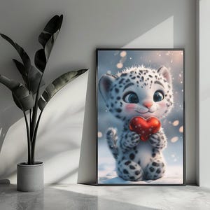 Poster con leopardo, poster carino, poster a forma di cuore, poster con animali, poster per bambini, arte murale per la decorazione della casa | 4839 | Regalo per lui - Senza cornice