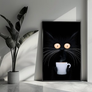 Zwarte Kat Poster Koffie Poster Dieren Poster Thee Poster Cartoon Poster Wall Art  For Home Decor | 4871 | Gift For Him - No Frame