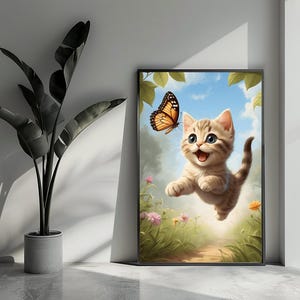 Poster con gattino e farfalla, poster per cameretta dei bambini, poster con animali, poster con farfalle, arte murale per l'arredamento della casa | 1702MT | Regalo per lui - Senza cornice