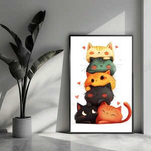 Katten Poster Cartoon Poster Gelukkig Poster Kinderposter Dieren Poster Wall Art  For Home Decor | 4702 | Gift For Him - No Frame