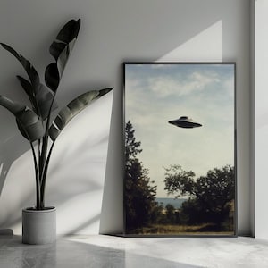 Puede incluir: Impresión artística enmarcada que presenta una imagen retro de un OVNI sobrevolando un paisaje con árboles y campos. La impresión está en un marco negro y está junto a una planta en maceta con hojas grandes y de color verde oscuro.