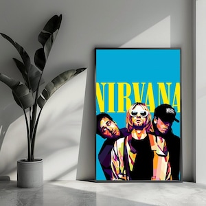 Puede incluir: Un póster de estilo pop art azul y amarillo con una banda llamada "NIRVANA" con tres miembros. Los miembros de la banda llevan gafas de sol y tienen un estilo gráfico colorido.
