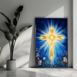 Könnte beinhalten: Ein Gemälde, das ein goldenes Kreuz mit einem strahlenden Licht zeigt, das von hinten ausstrahlt. Das Kreuz ist von blauen und weißen Wolken und Blumen umgeben.
