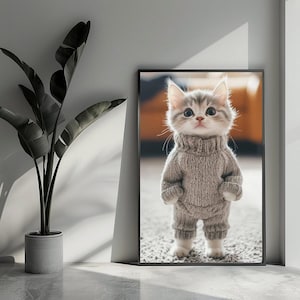 Poster con gattino, poster con maglione, poster con animali, poster per bambini, poster carino, arte murale per la decorazione della casa | 4728 | Regalo per lui - Senza cornice