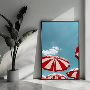 Poster con ombrelli rossi, poster con cielo azzurro, poster per feste, poster per le vacanze, arte murale per la decorazione della casa | 3544YR | Regalo per lui - Senza cornice