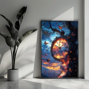 Poster con orologio, poster con tempo, poster fantasy, poster surreale, poster con farfalla, arte murale per l'arredamento della casa | 4659 | Regalo per lui - Senza cornice