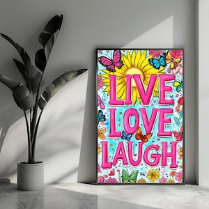 Manifesto con citazione "Vivi, ridi, ama" Manifesto con fiori, arte da parete per l'arredamento della casa | 4955YR | Regalo per lui - Senza cornice