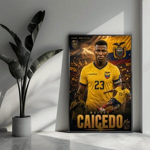 Op de afbeelding: Een rechthoekige poster met een portret van voetballer Moises Caicedo in een geel shirt met het nummer 23. Het ontwerp bevat de Ecuadoraanse vlag, een berglandschap en de tekst "MOISES CAICEDO" in grote gouden letters.