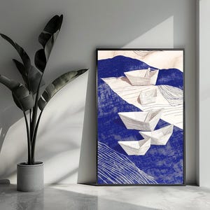 Poster di barchette di carta, poster origami, poster di vela, poster di carta artistica, arte murale per la decorazione della casa | 4687 | Regalo per lui - Senza cornice