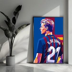 Op de afbeelding: Een digitale kunstprint van een voetballer die een rood-blauw shirt draagt met nummer 21 en de tekst "F. DE JONG" op de rug. De speler kijkt naar links en heeft lichtbruin haar.
