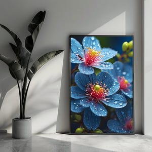 Peut inclure: Une impression d'art mural verticale encadrée représentant un gros plan de fleurs bleues vibrantes aux pétales délicats couverts de gouttelettes d'eau claires. Le centre de chaque fleur affiche des étamines roses vives et un pistil jaune.