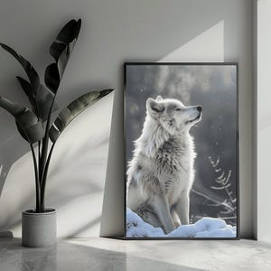 Könnte beinhalten: Gerahmter Kunstdruck mit einem weißen Wolf in einer verschneiten Landschaft. Der Wolf ist mit nach oben gerichtetem Kopf dargestellt und hat ein weiches, flauschiges Fell. Das Kunstwerk befindet sich in einem schwarzen Rahmen, mit einer Topfpflanze links.