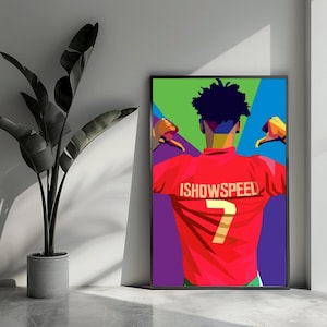 Könnte beinhalten: Eine digitale Illustration einer Person, die ein rotes Fußballtrikot mit dem Text "IShowSpeed" und der Nummer "7" auf dem Rücken trägt. Der Hintergrund ist ein farbenfrohes abstraktes Design.