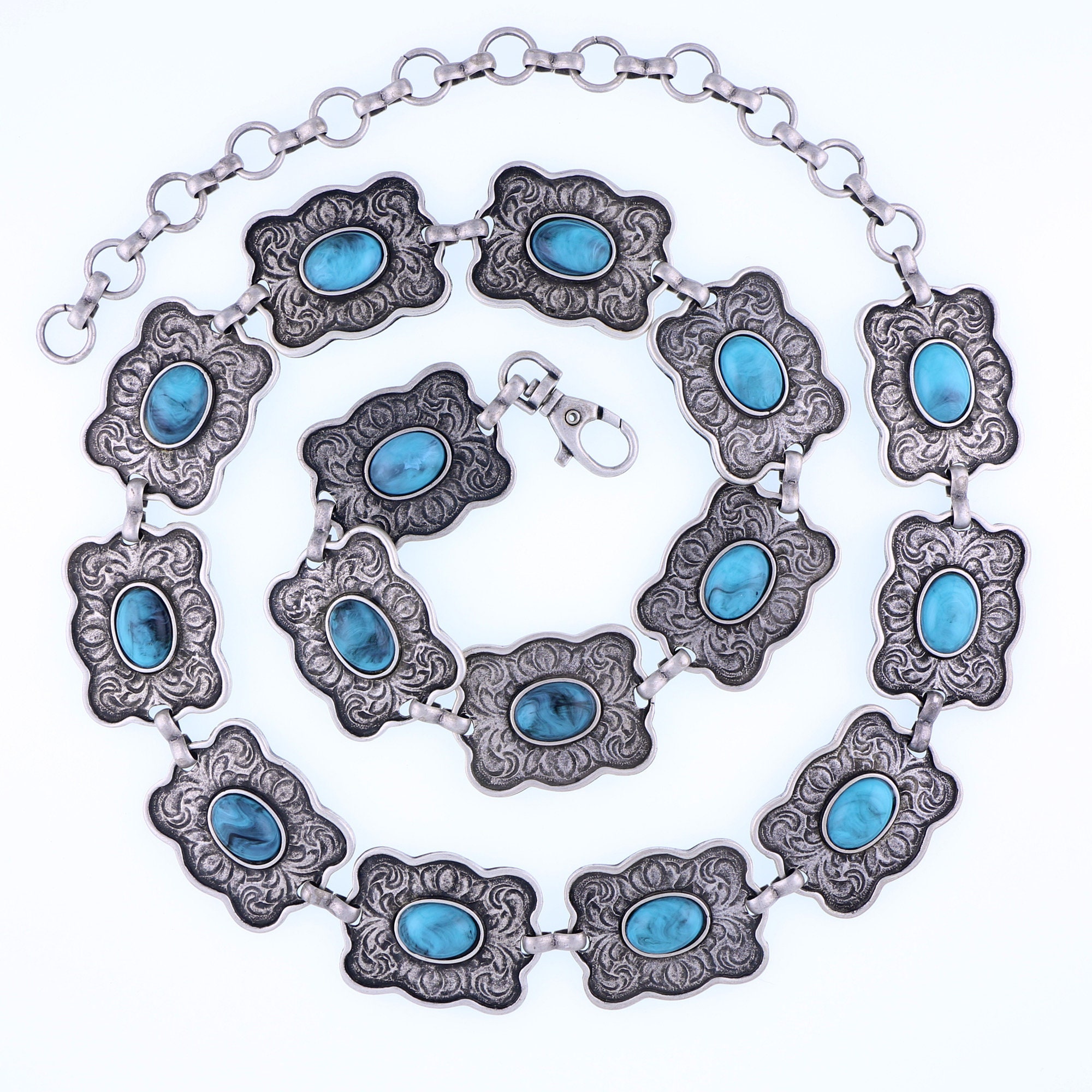 Trendy Navajo Style Vintage Silver Finish Concho Chain Belt - Casted in Italy - Made in USA