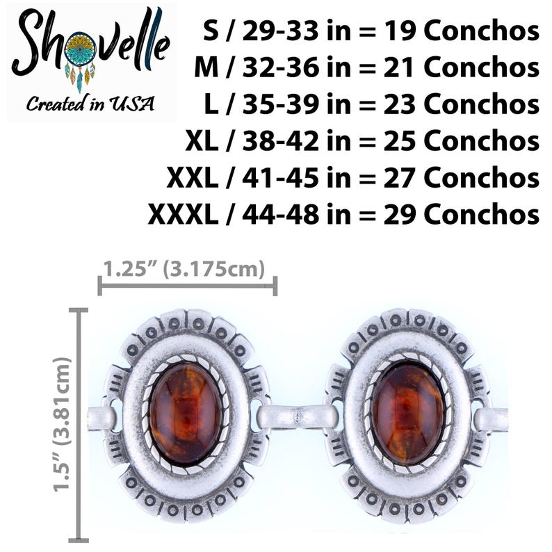 May include: Two silver conchos with oval, amber-colored centers. Each concho is 1.5 inches (3.81cm) tall and 1.25 inches (3.175cm) wide. The image includes text indicating sizes from S to XXXL and the number of conchos per size. The brand name is Shovelle, created in the USA.