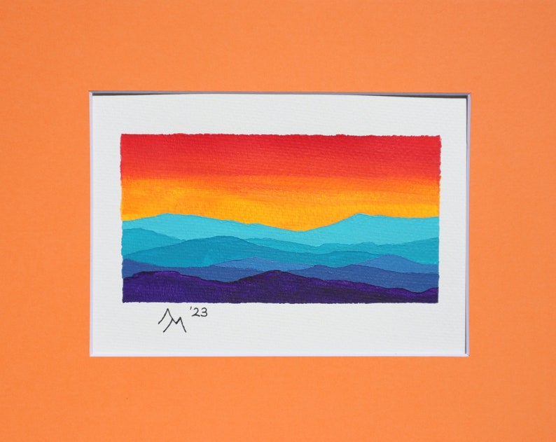 8x10 Acrylic Original - Blue Mountains at Sunset - Matted in Orange