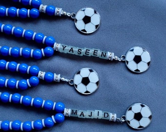 Custom Blue Acrylic Beads Boys Tasbih, GLOW in the Dark Letters, Soccer Charm, Prayer Beads, Ramadan Kids Gift, Eid gift, 33 beads