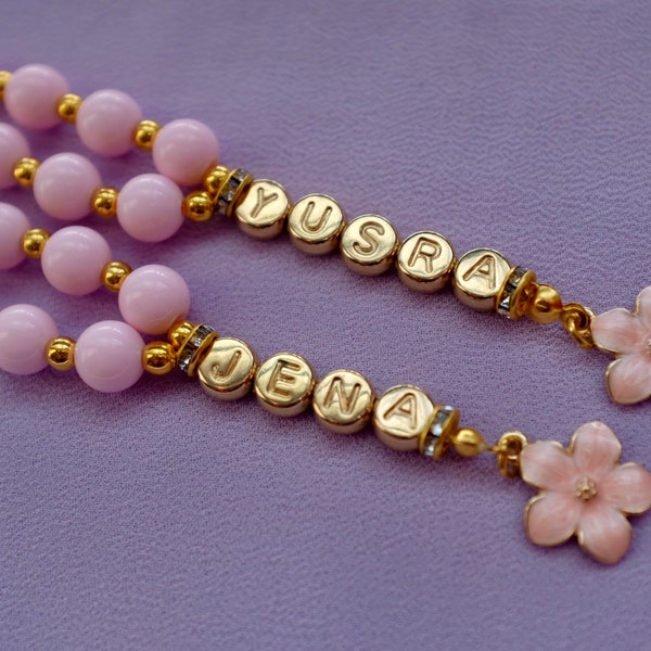 Custom Pink Acrylic Beads Girls Tasbih, Flower Charm, Prayer Beads, Ramadan Kids Gift, Eid gift, 33 beads