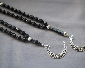 Custom Black Matte Onyx Beads, Men’s Tasbih, Silver Moon Charm, Prayer Beads, Ramadan Gift, Eid gift, 33 beads