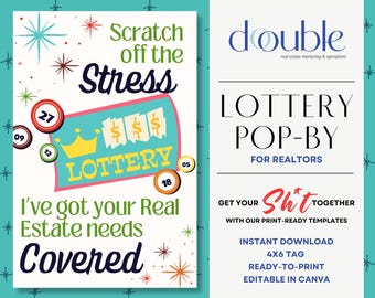 May include: A teal blue and white printable sign with a retro design. The sign says "Scratch off the Stress" and features a lottery ticket with a crown and dollar signs. The text "I've got your Real Estate needs Covered" is also on the sign. The sign is for realtors and includes the text "Lottery Pop-By" and "Get your Sh*t together with our print-ready templates".