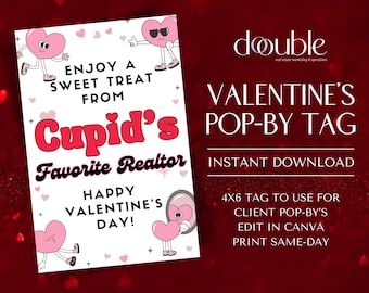 Puede incluir: Una etiqueta de visita para el Día de San Valentín para imprimir con un Cupido de dibujos animados y el texto "Disfruta de un dulce regalo de parte del agente inmobiliario favorito de Cupido. ¡Feliz Día de San Valentín!"