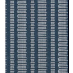 May include: A close-up of a textile with a repeating pattern of vertical stripes. The stripes alternate between a dark blue and a light gray color. The light gray stripes have a textured, horizontal line design.