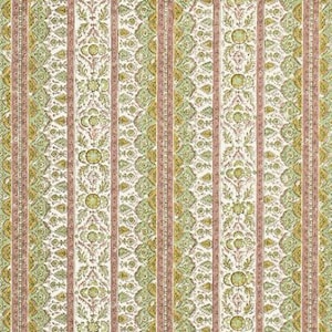 Może przedstawiać: Pionowy wzór w paski w odcieniach zieleni, kremu i brązu. Wzór zawiera motywy kwiatowe i geometryczne wewnątrz pasków. Wzór jest symetryczny i nadaje się do tkanin lub tapet.