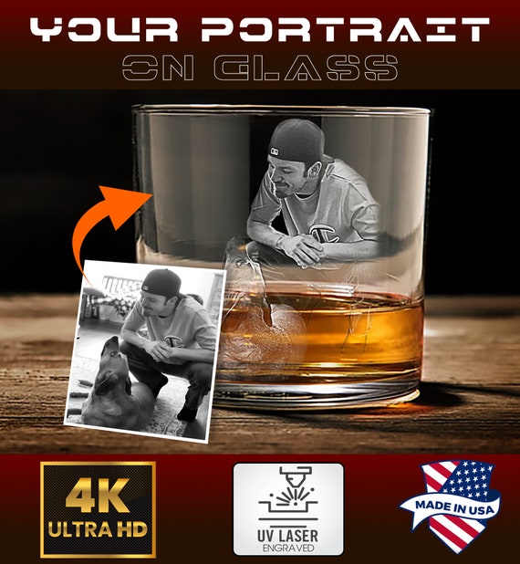 Personalized Portrait Rocks Glass | UV Laser Engraved Whiskey Glass