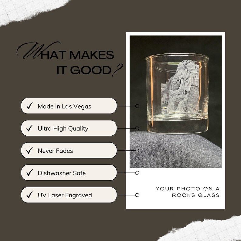 Peut inclure: Un verre &agrave; whisky transparent avec une image grav&eacute;e &agrave; l'int&eacute;rieur. Le texte "YOUR PHOTO ON A ROCKS GLASS" est visible. Le texte suppl&eacute;mentaire met en &eacute;vidence les caract&eacute;ristiques : Fabriqu&eacute; &agrave; Las Vegas, Ultra Haute Qualit&eacute;, Ne se d&eacute;colore jamais, Va au lave-vaisselle et Grav&eacute; au laser UV.
