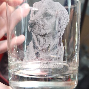 Peut inclure: Un verre transparent grav&eacute; avec un portrait d&eacute;taill&eacute; d'un chien. L'image du chien est grav&eacute;e dans le verre, mettant en valeur sa fourrure et ses traits. Le verre contient un liquide clair.