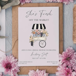 She's Fresh Off the Market Bridal Shower Invitation | Floral Cart Canva Template | Editable Digital Download | Printable Bridal Invite