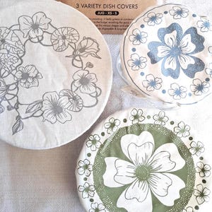 Set of 3 Dish, Jug & Bowl Covers - SMALL Sizes - Ideal for food Storage - Plastic Free - Eco-friendly - Floral Design - 100% COTTON