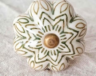 Ceramic Knob - Vintage Floral Design - Olive Green - Drawer Knob, Cabinet Pull & Cupboard Knob -Farmhouse Cottage Style Hardware