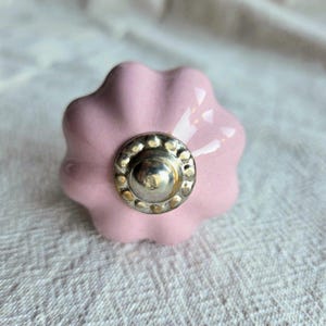 May include: A light pink ceramic cabinet knob with a scalloped, pumpkin-like shape. The centre features a circular, metallic silver-toned hardware piece with a beaded edge and a smooth, rounded dome in the middle of the knob's front face.