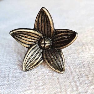 May include: A bronze-coloured, five-petal flower-shaped decorative object. Each petal has detailed linear grooves, radiating from the centre. The centre of the flower has a small, textured, circular design. The object is likely made of metal.