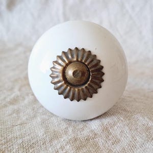 Ceramic Round Knob - White and Brass - Furniture Drawer Knob, Cabinet, Cupboard Knob - Country Cottage Style -Farmhouse Decor -Vintage Style